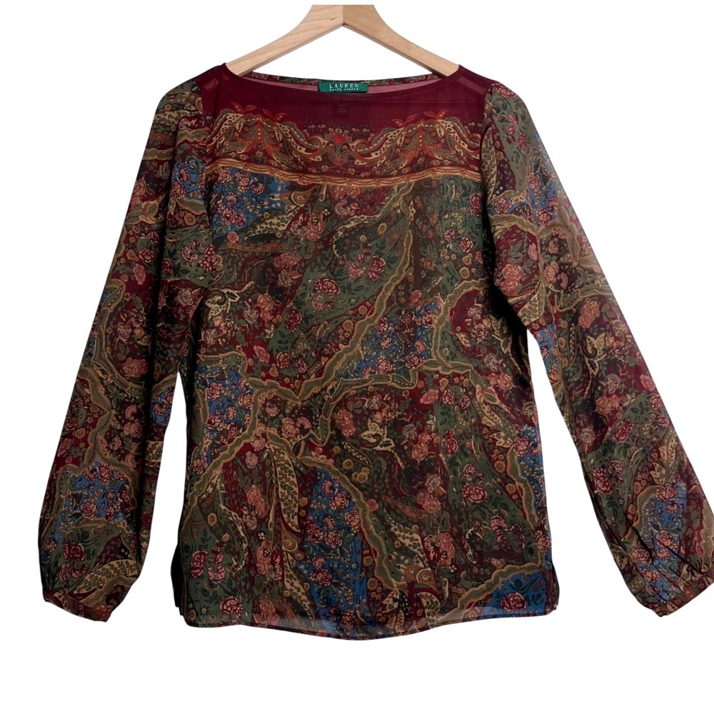 Lauren Ralph Lauren Boho Paisley Floral Sheer Long Sleeve Blouse Burgundy Small